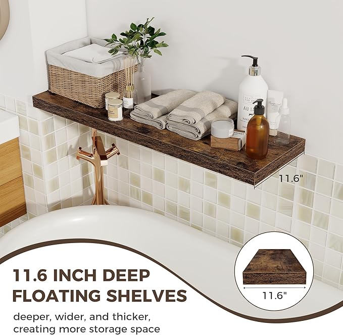 Fun Memories 12 Deep Floating Shelves, 40W x 12D Floating Shelves for Wall Set of 2, Extra Deeper Hanging Wood Shelves for Wall for Living Room Kitchen Laundry Room Kitchen Home Office - Rustic Brown