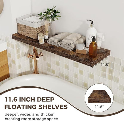 Fun Memories 12 Deep Floating Shelves, 40W x 12D Floating Shelves for Wall Set of 2, Extra Deeper Hanging Wood Shelves for Wall for Living Room Kitchen Laundry Room Kitchen Home Office - Rustic Brown