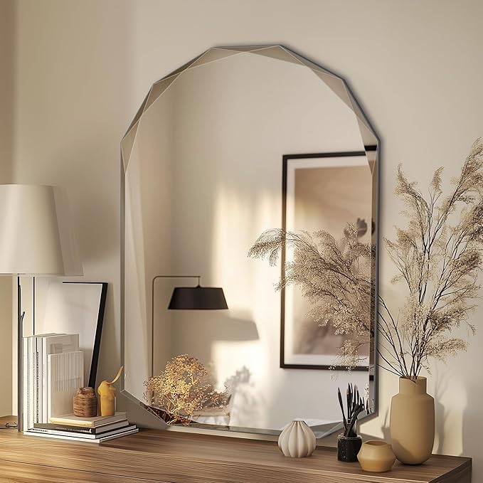 Suidia Bathroom Mirror, 26"x 38" Wall Mirror, Frameless Bathroom Mirror with Beveled Edge for Bedroom, Living Room, Entryway, Hallway, Arched Shape