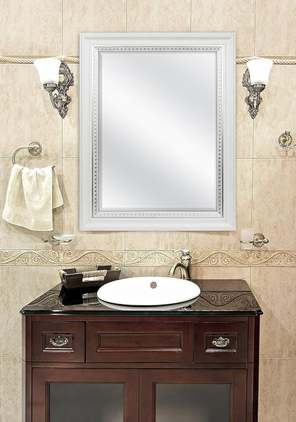 MCS 23x29 Large Wall Mirror, White Woodgrained Frame with Silver Embossed Detail & Beveled Detail Mirror, Vertical & Horizontal Wall Hanging Mirror for Bathroom, Bedroom & Livingroom