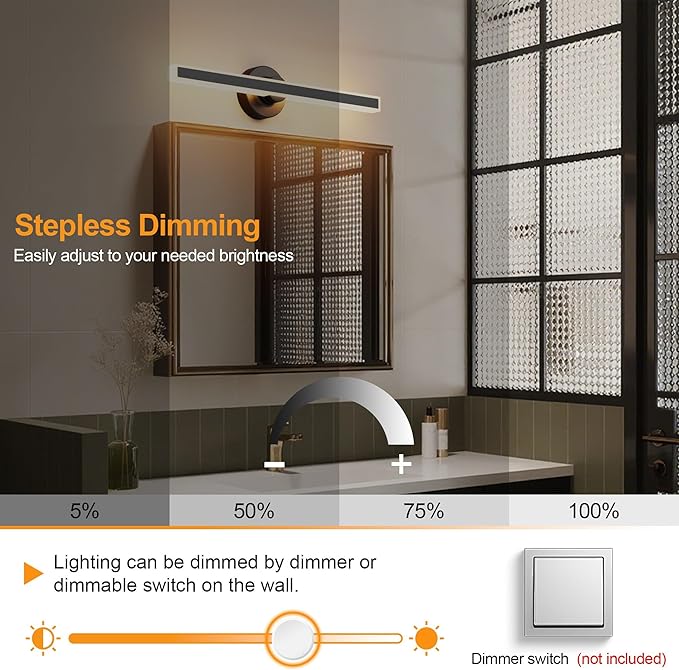 Modern Black Vanity Light, 23.62 inch 5 Colors Wall Sconce Dimmable, LED Bathroom Light Fixtures for Mirror
