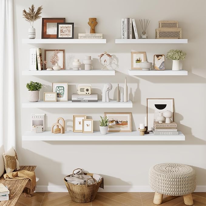 Fun Memories Floating Shelves Set of 2, 36 Inch Long Wooden Wall Shelves, 10 Inch Deep Wall Mounted Storage Shelf with Metal Brackets for Living Room, Bathroom, Bedroom and Kitchen, White