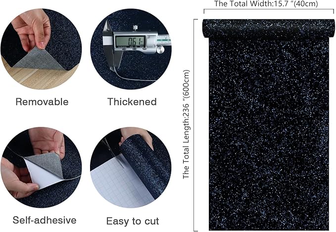CHIHUT 15.7''x236'' Dark Blue Glitter Contact Paper for Walls Self Adhesive Black Blue Glitter Wallpaper Stick and Peel Removable Fabric Wallpaper Decorative Sparkle Wall Paper for Cabinets Dresser