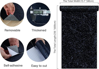 CHIHUT 15.7''x236'' Dark Blue Glitter Contact Paper for Walls Self Adhesive Black Blue Glitter Wallpaper Stick and Peel Removable Fabric Wallpaper Decorative Sparkle Wall Paper for Cabinets Dresser