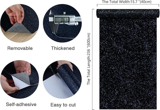 CHIHUT 15.7''x236'' Dark Blue Glitter Contact Paper for Walls Self Adhesive Black Blue Glitter Wallpaper Stick and Peel Removable Fabric Wallpaper Decorative Sparkle Wall Paper for Cabinets Dresser