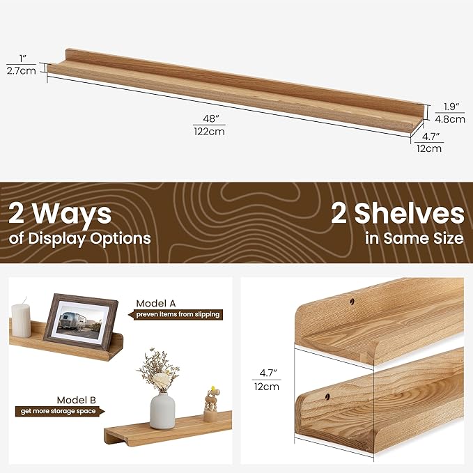 Picture Ledge Shelf | 48 Inch Floating Shelves Set of 2 | Natural Wood Wall Shelves with Lip | Wooden Picture Shelf for Wall with Ledge | Photo Ledges