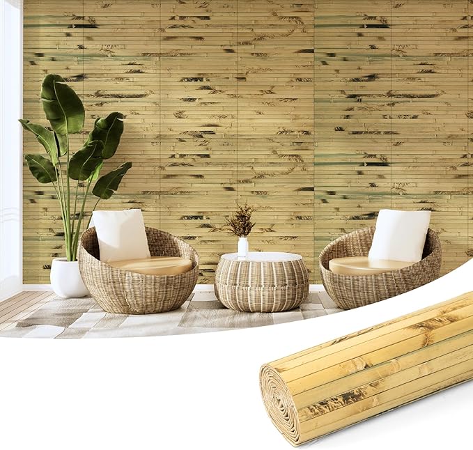 Art3d Natural Bamboo Wall Panel for Interior Wall Decor, Renewable Pole Wrap Wainscoting Paneling for Wall Ceiling Furniture Cabinet Office, 12 x 96 Inch - Light Burned, 1-Pack