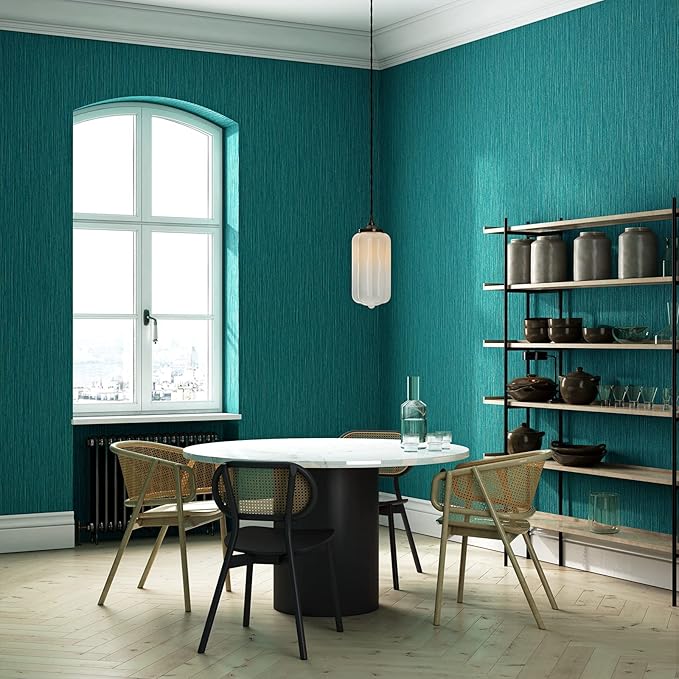 Haimin Grasscloth Wallpaper Textured 24in X 393in Fabric Contact Paper Teal Green Wall Paper Textured Linen Wallpaper Peel and Stick Self-Adhesive Teal Thick Vinyl Embossed Film (Green)
