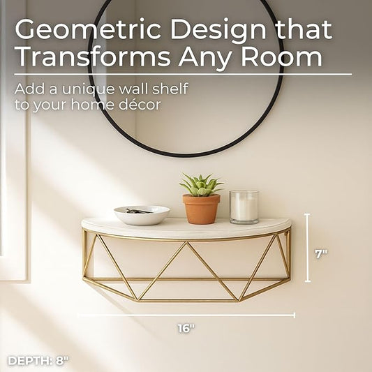 Wall Shelf Decor– Wood and Metal Half-Moon Design with Glam Style for Living Room, Bedroom or Entryway – Home Decor Accent Shelf for Displaying Plants, Photos or Essentials – 16", White