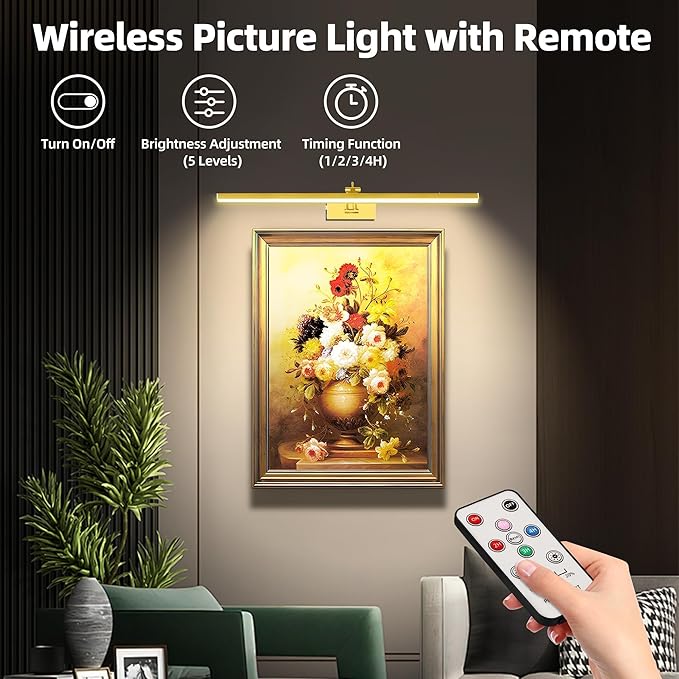 4 Pack Picture Lights for Wall, 23in Art Lighting for Paintings Cordless, 6400mAh Rechargeable Battery Operated Picture Light with Remote Dimmable and Timer for Artwork, Gallery, Display, Gold