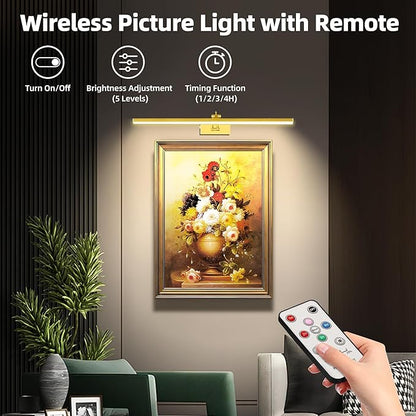4 Pack Picture Lights for Wall, 23in Art Lighting for Paintings Cordless, 6400mAh Rechargeable Battery Operated Picture Light with Remote Dimmable and Timer for Artwork, Gallery, Display, Gold