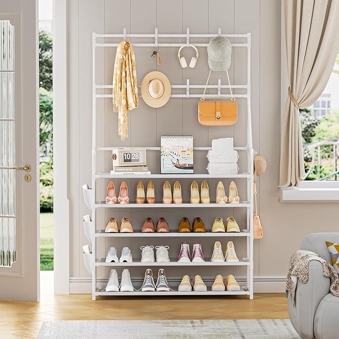 OYREL Shoe Rack 5 Tier Shoe Racks Organizer 20-25 Pairs Shoes Rack for Closet Entrance Shoe Storage Shelf with Hooks and Side Pocket Entryway Shoe Holder Space Saving Free Standing Shoe Racks