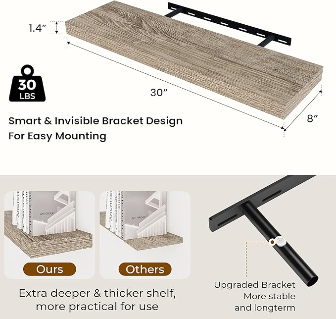 Dreamland 30 Inches Floating Shelves for Wall,8 Inch Deep Floating Shelves Set of 2, Large Display & Storage Shelf, Wall Shelf for Bathroom Bedroom Living Room Kitchen Office,Grey