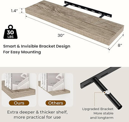 Dreamland 30 Inches Floating Shelves for Wall,8 Inch Deep Floating Shelves Set of 2, Large Display & Storage Shelf, Wall Shelf for Bathroom Bedroom Living Room Kitchen Office,Grey