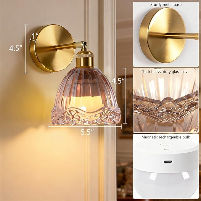 Vintage Battery Operated Wall Sconce with Amber Flower Crown Glass Lampshade Rechargeable Battery Powered Wall Light with Remote Control for Bedside Bedroom Bathroom, Set of 1