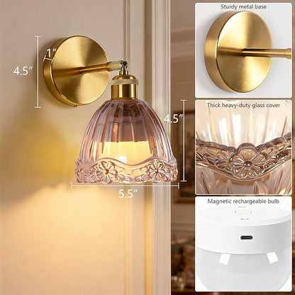 Vintage Battery Operated Wall Sconce with Amber Flower Crown Glass Lampshade Rechargeable Battery Powered Wall Light with Remote Control for Bedside Bedroom Bathroom, Set of 1