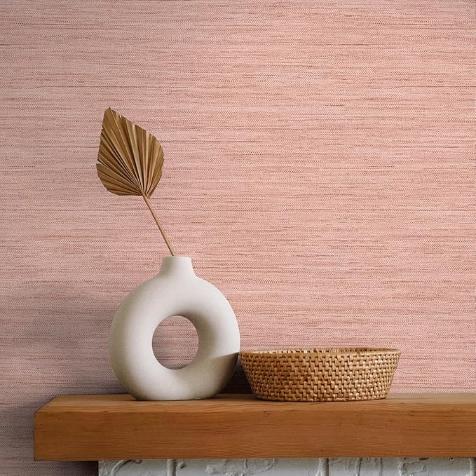 Tempaper Textured Salmon Pink Horizontal Faux Grasscloth Removable Peel and Stick Wallpaper, 20.5 in X 16.5 ft, Made in The USA