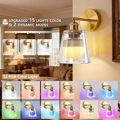 Vintage Battery Operated Wall Sconce with Transparent Minimalist Glass Lampshade Rechargeable Battery Powered Wall Light with Remote Control for Bedside Bedroom Bathroom, Set of 1