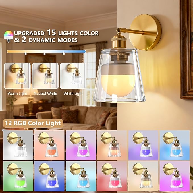 Vintage Battery Operated Wall Sconce with Transparent Minimalist Glass Lampshade Rechargeable Battery Powered Wall Light with Remote Control for Bedside Bedroom Bathroom, Set of 2