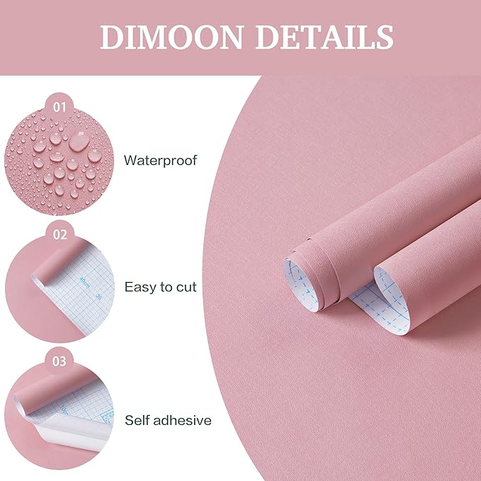 Dimoon 17.7''x393'' Peel and Stick Wallpaper Pink Contact Paper for New Environmentally Friendly Materials Thickening Upgrade Embossed Renter Friendly Wall Paper Modern Vinyl Wrap Countertop Bedroom
