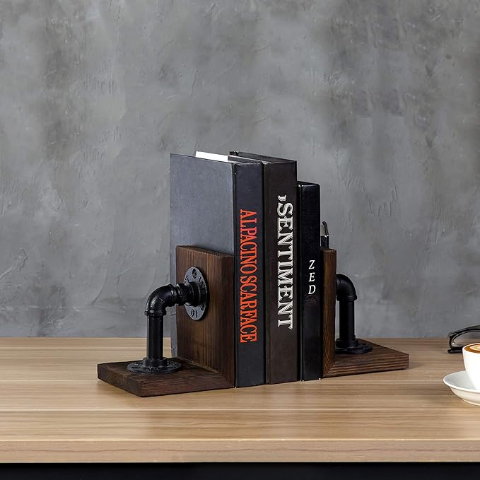 MyGift Book Ends Decorative, Bookends for Shelves, Metal Bookends for Heavy Books, Office Decor for Men, Wood Book Stopper, Realistic Industrial Pipe Design, Dark Brown