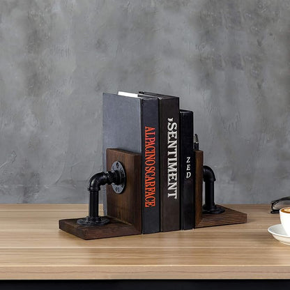 MyGift Book Ends Decorative, Bookends for Shelves, Metal Bookends for Heavy Books, Office Decor for Men, Wood Book Stopper, Realistic Industrial Pipe Design, Dark Brown