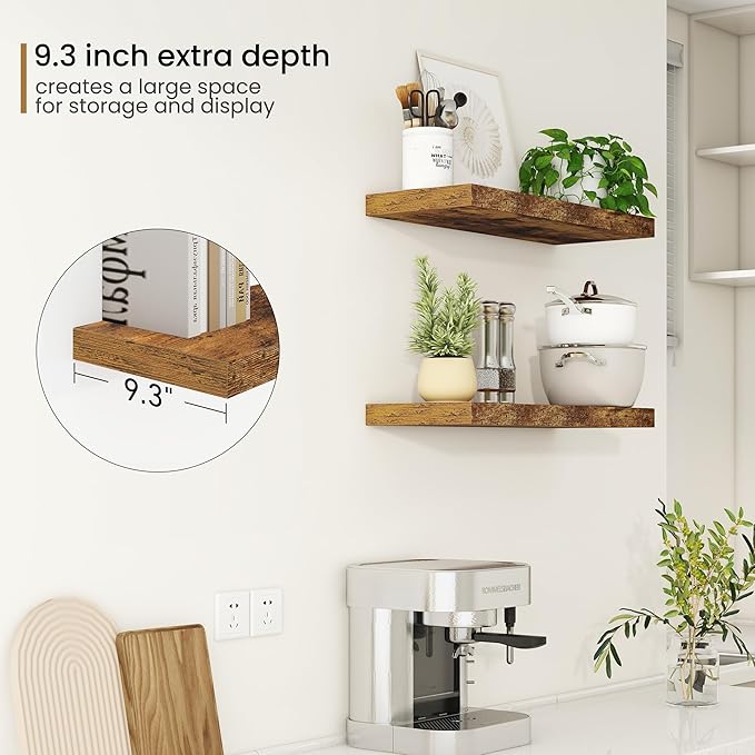 Fun Memories Floating Shelves - 2 Pack 9.3 Inch Deep Rustic Wooden Wall Shelves - Wall Mounted Storage Shelf with Invisible Brackets, 24
