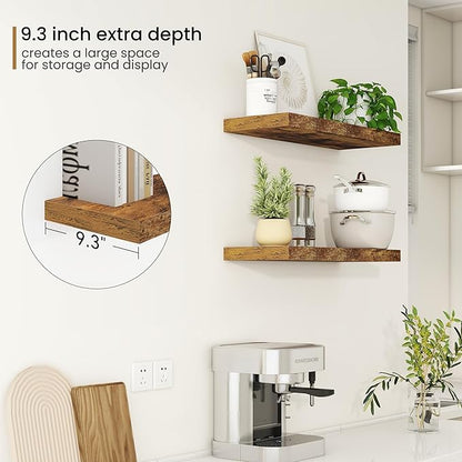 Fun Memories Floating Shelves - 2 Pack 9.3 Inch Deep Rustic Wooden Wall Shelves - Wall Mounted Storage Shelf with Invisible Brackets, 24" W x 9.3" D x 1.6" H - Rustic Brown