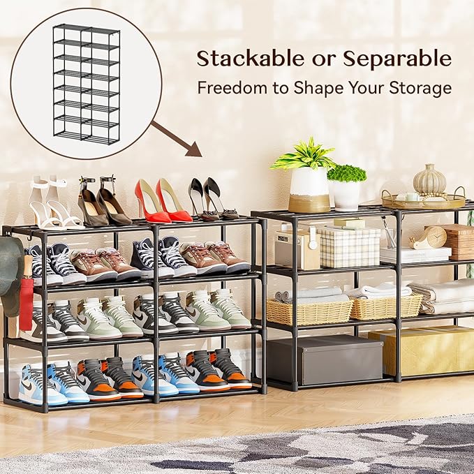 SUFAUY Large Shoe Rack Organizer, 2 Row 8 Tier 32-40 Pairs with Hooks, Sturdy Metal, DIY Stackable &Adjustable, Black