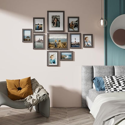 Vittanly Picture Frames Set of 10, Picture Frames Collage Wall Decor with Two 8x10, Four 5x7 and Four 4x6 Photo Frames, Gallery Wall Frame Set for Wall or Tabletop Display, Rustic Grey