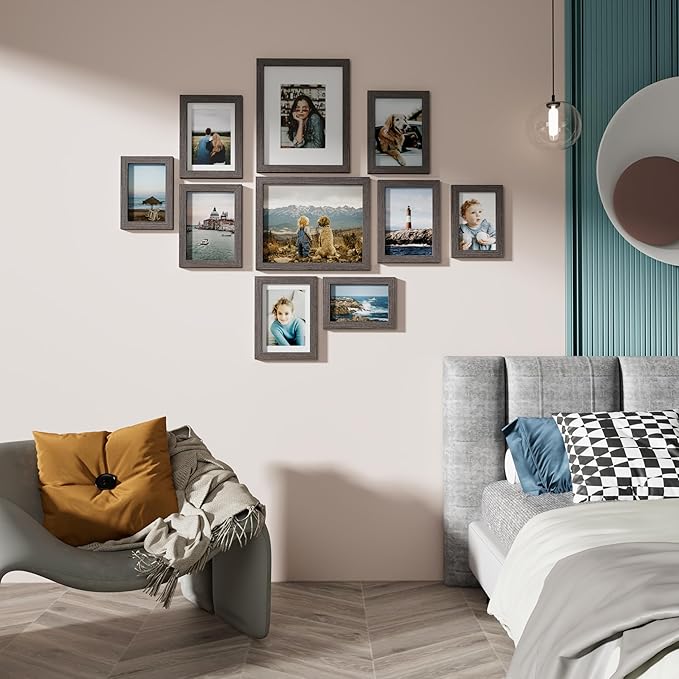 Vittanly Picture Frames Set of 10, Picture Frames Collage Wall Decor with Two 8x10, Four 5x7 and Four 4x6 Photo Frames, Gallery Wall Frame Set for Wall or Tabletop Display, Rustic Grey