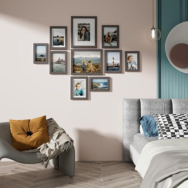 Vittanly Picture Frames Set of 10, Picture Frames Collage Wall Decor with Two 8x10, Four 5x7 and Four 4x6 Photo Frames, Gallery Wall Frame Set for Wall or Tabletop Display, Rustic Grey