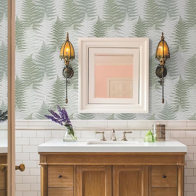 JiffDiff Botanical Fern Peel and Stick Wallpaper 17.73" x 118.1" Leaf Moody Ferns Forest Textured Self Adhesive Temporary Wall Paper for Bathroom Bedroom Apartment Friendly