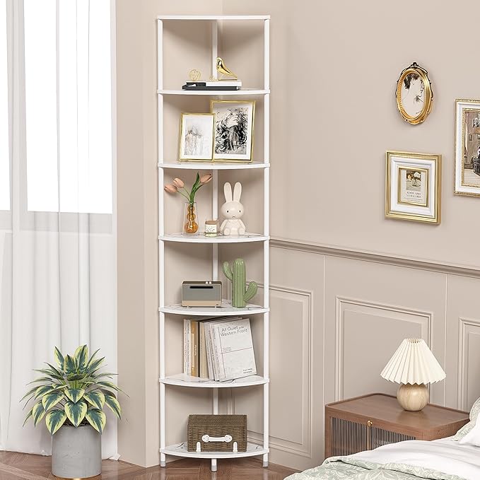 7 Tier Corner Shelf Stand Kitchen Organizer with Metal Frame for Organization & Storage Corner Shelves Kitchen Decor Accessories Marble White 64.7