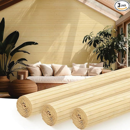 Juexica 3 Pcs Natural Bamboo Wall Panel for Interior Wall 48''x96'' Bamboo Covering Renewable Pole Wainscoting Room Divider Wrap Decor for Bedroom Living Room Kitchen Island Office (Raw)