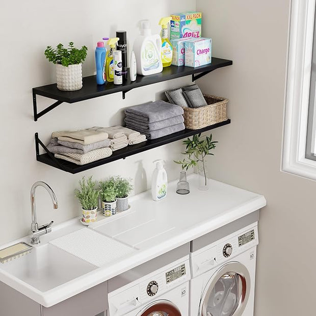 Axeman Floating Shelves for Wall Black- 48 Inch Wide x 12 Inch Deep Wall Shelves Set of 2 - Black Deep Wood Floating Shelves for Living Room Bedroom Laundry Room
