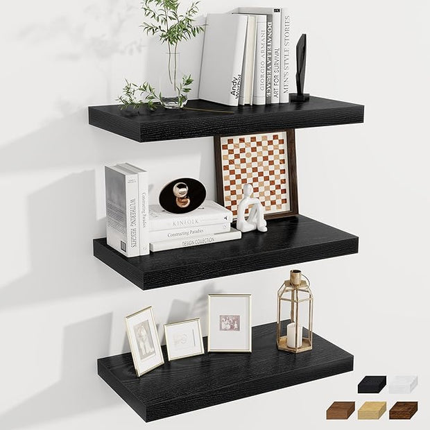 Fun Memories 24 x 12 Inch Deep Floating Shelves, 12 Inch Deep Rustic Wooden Book Shelf, Extra Deeper & Thicker Hanging Shelves for Living Room, Bathroom, Bedroom, Kitchen, Office, Set of 3 (Black)