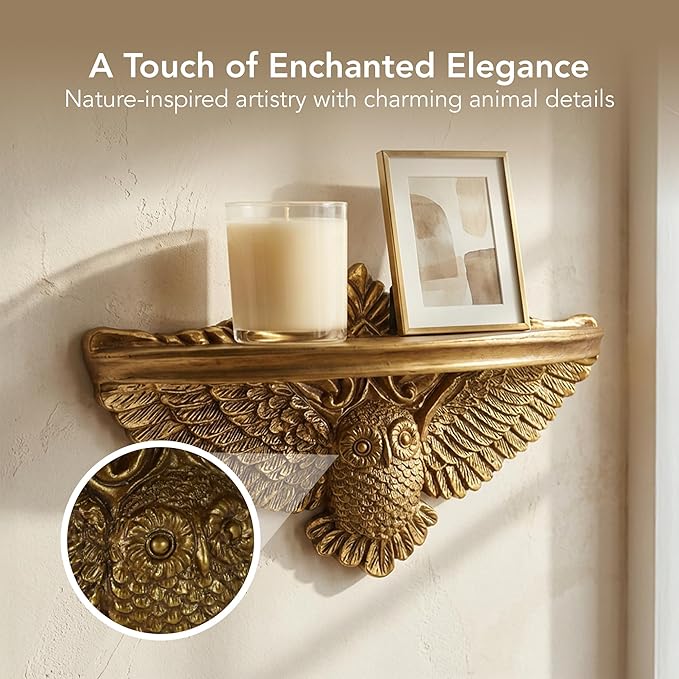 American Art Decor Vintage Ornate Resin Owl Bird Manor Floating Wall Mounted Shelf in Antique Gold - Shabby Chic Baroque Decor Ledge for Small Displays