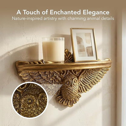 American Art Decor Vintage Ornate Resin Owl Bird Manor Floating Wall Mounted Shelf in Antique Gold - Shabby Chic Baroque Decor Ledge for Small Displays