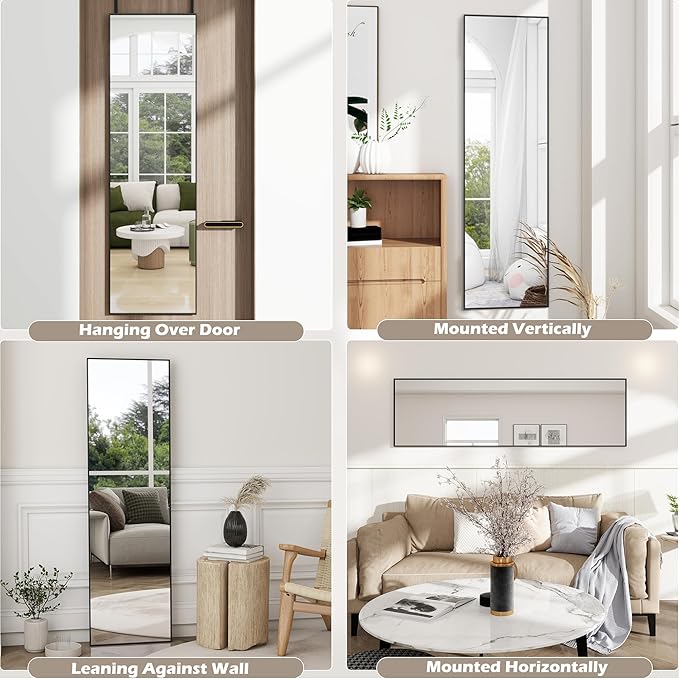 Full Length Door Mirror 14x48, Metal Frame with Protective Film, No-Drilling Hanging or Wall Mount (Horizontal/Vertical), Hooks & Hardware Included, Full Body Mirror for Bedroom, Dorm, Black