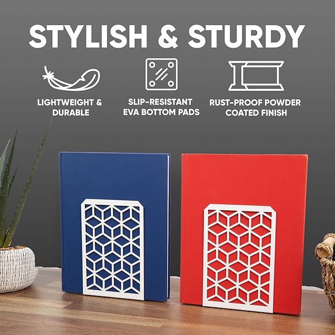 Geomod 3D Cube White Metal Bookends Decorative for Heavy Books - Sturdy Boho Book Stops - Minimal Book Shelf Stopper - Durable Office Bookends - Weighted Metal Book Holders - 7x4.75 Inches - 3 Pair
