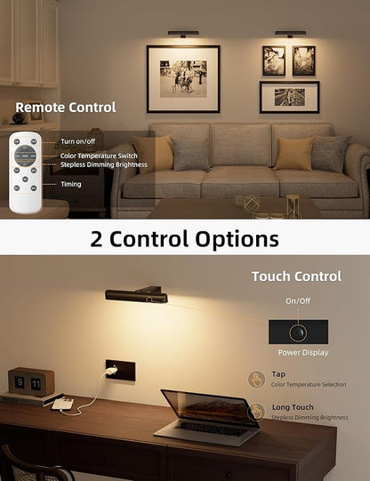 VOLISUN Picture Lights for Wall, Rechargeable Picture Light Battery Operated, 3 Color Temperatures Cordless Picture Light with Remote, Art Lighting for Paintings, Gallery, Portrait, 3 Pack (Black)