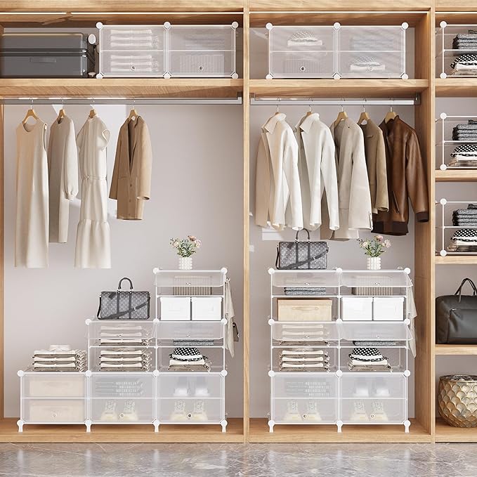 AWTATOS Shoe Rack, 8 Tier Shoe Storage Cabinet with Door, 32 Pair Shoe Organizer Shelves for Closet Hallway Bedroom Entryway, Transparent Twill
