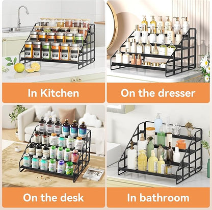 Spice Rack 4 Tier Kitchen Cabinet Organizer,Countertop Spice Rack,Tier Depth Adjustable Cabinet Shelf,Step Spice Organization Easy Visibility,Holds Seasoning and Condiments 2Pack