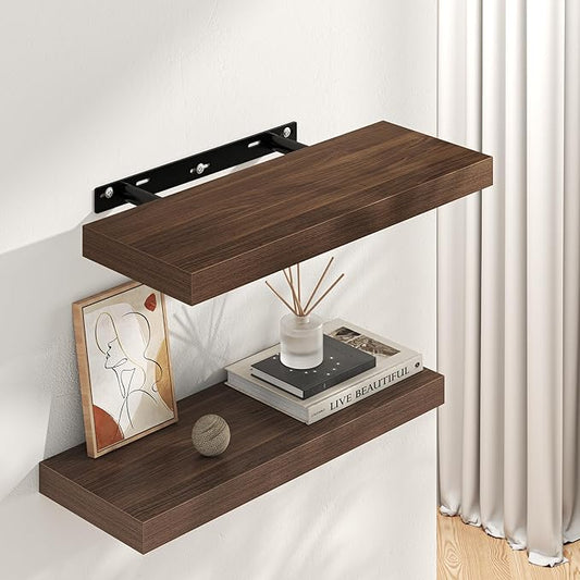 Square Floating Shelves for Wall, 10" W x 10" D x 1.4" H, Small Wooden Wall Mounted Display Shelves with Invisible Brackets for Living Room, Bedroom, Bathroom, Kitchen Decor, Set of 4, Walnut