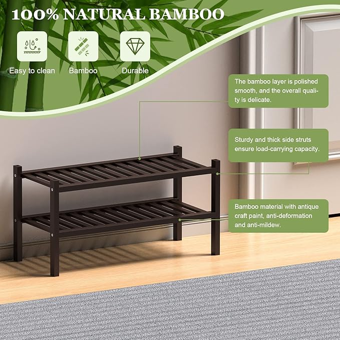 2 Tier (Thick) Bamboo Shoe Rack for Closet Free Standing Wood Shoe Shelf for Entryway Small Space Stackable 27"x12"x14" (Black Brown)