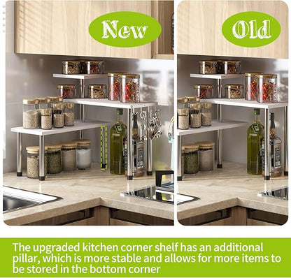 BMOSU Kitchen Corner Shelf Countertop Organizer with Hooks Adjustable Spice Rack Corner Display Rack Shelf Cabinet Counter Shelves(White)