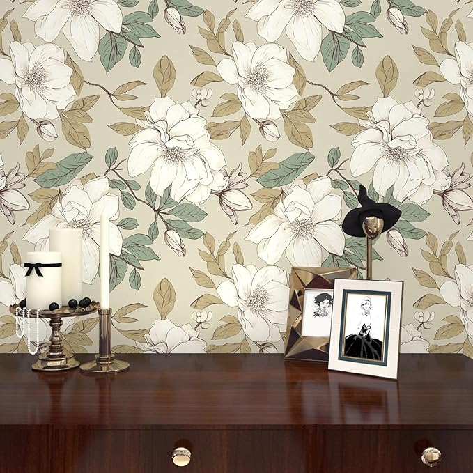 Floral Wallpaper Peel and Stick, Beige/White Flowers Contact Paper 17.5" x 393.7", Vintage Botanical Boho Wall Paper Waterproof Self Adhesive Removable for Room Shelves Cabinet Drawer Table Decor