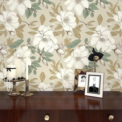Beige Floral Wallpaper Peel and Stick, White Flowers Contact Paper, Vintage Botanical Boho Wall Paper Waterproof Self Adhesive Removable for Room Shelves Cabinet Drawer Table Decor 17.5" x 118"