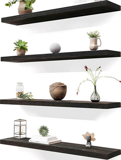 24 Inch Brown Wood Floating Shelves for Wall Rustic Wall Shelf for Bedroom Living Room Set of 4